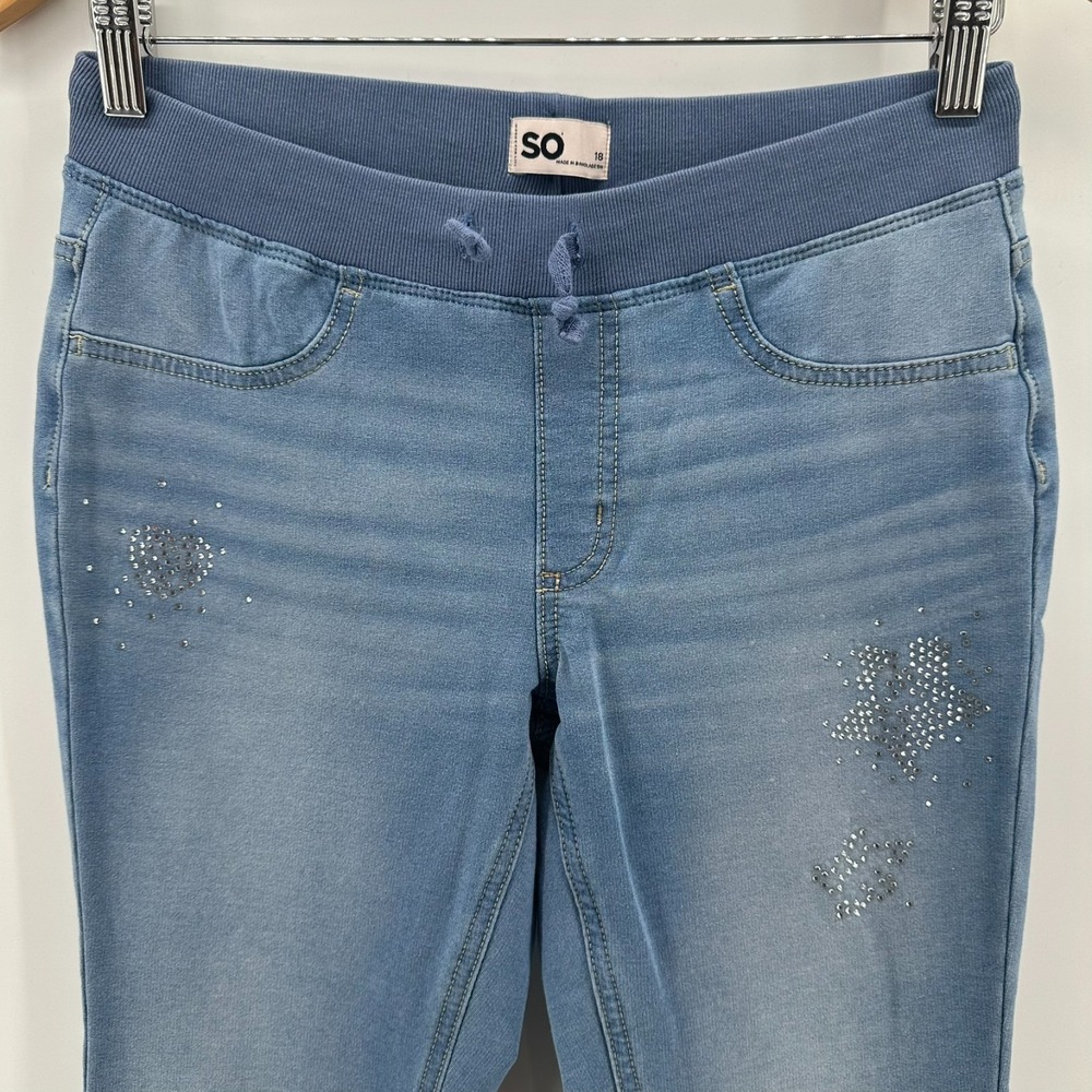 SO Jeggings Womens 18 Blue Denim Elastic Waistband Modern Rhinestone Embellished
